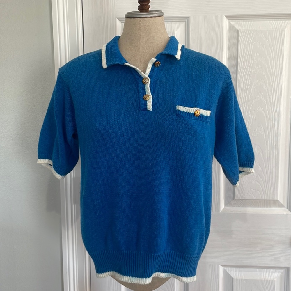 Vintage Melbourne Classix sweater short sleeve cotton nautical blue white size M